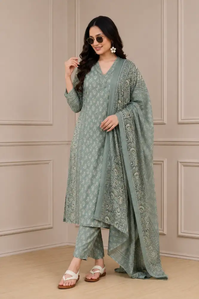 Women’s Cotton Printed Kurta Set with Pants & Dupatta